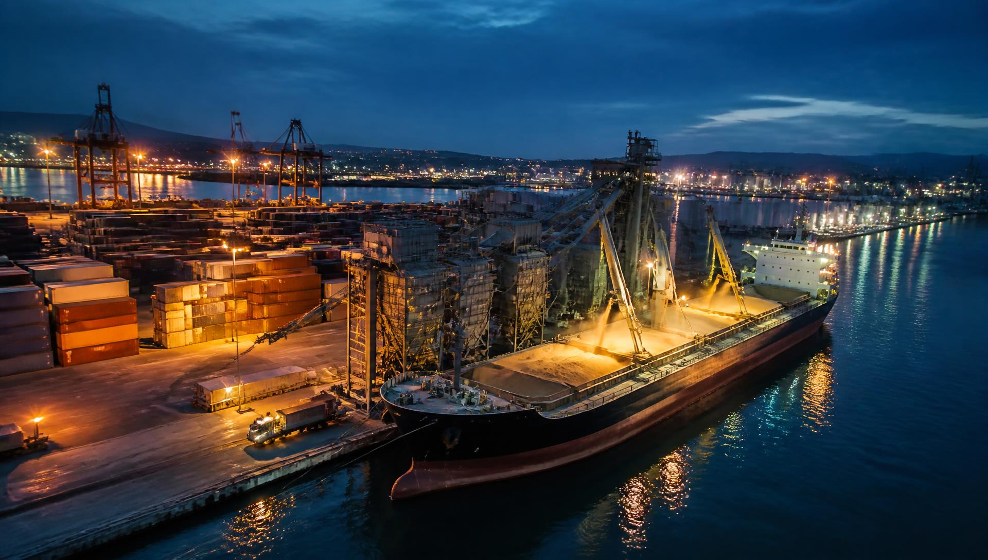Bulk carrier loading cargo beside stacked containers at a deep-water port at dusk